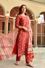 Roze Red Handblock Chanderi Straight Suit Set