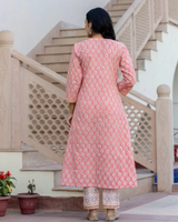 Sugna Peach Handblock Printed Cotton Kurta Pant Set