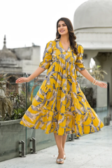 Yellow Safari Puff Sleeves Midi Dress
