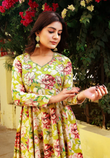 Gulnoor Olive Green Embroidered Anarkali Kurta Pant Set