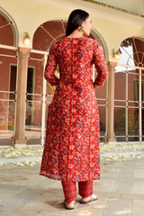 Roze Red Handblock Chanderi Straight Suit Set