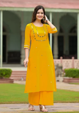 Yellow Cotton A-Line Handwork Kurta Pant Set