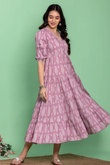Rangriti Mauve Magic Printed Cotton Midi Dress