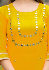 Yellow Cotton A-Line Handwork Kurta Pant Set