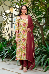 Gulnoor Olive Green Embroidered Anarkali Suit Set (Plus Size)