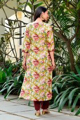 Gulbano Olive Green Floral Straight Suit Set