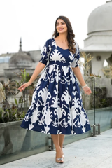 Blue and White Magic Tiered Midi Dress