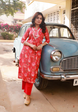 Ramya Red Floral Straight Fit Kurta Pant Set
