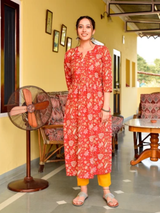 Ranu Red Handblock Cotton Straight Kurta