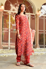 Roze Red Handblock Chanderi Straight Kurta Pant Set