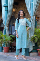 Teal Blue Floral Print Embroidered Cotton Kurta Pant Set