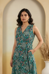 • Vrinda Teal Bloom V-Neck Printed Sleeveless Dress