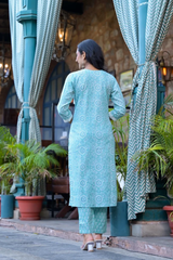 Teal Blue Floral Print Embroidered Cotton Kurta Pant Set
