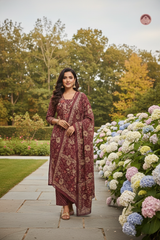 Royal Maroon Floral Printed Suit Set With Cotton Dupatta