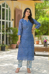 Mehak Blue Handblock Printed Chanderi  With Sequins Work On The Yoke Kurta Pant Set