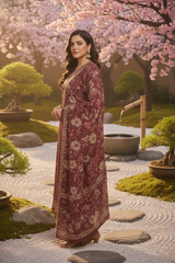 Royal Maroon Floral Printed Suit Set With Cotton Dupatta