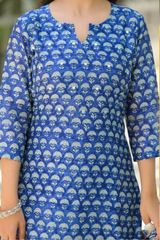 Mehak Blue Handblock Printed Chanderi  With Sequins Work On The Yoke Kurta Pant Set