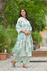 Flamingo green printed cotton Kurta Pant Set
