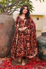 Bahni Brown Floral Print Angrakha Neck Anarkali Suit Set