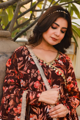 Bahni Brown Floral Print Angrakha Neck Anarkali Suit Set