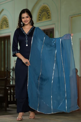 Lavanya Navy Blue Cotton Straight Handwork Suit Set