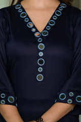 Lavanya Navy Blue Cotton Straight Handwork Suit Set