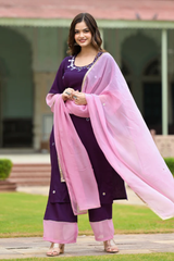 Paakiza Purple Cotton Straight Handwork Suit Set