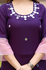 Paakiza Purple Cotton Straight Handwork Suit Set