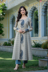 Zarmina Beige Blue Heritage Paisley Elegant Kurta and Pant Only