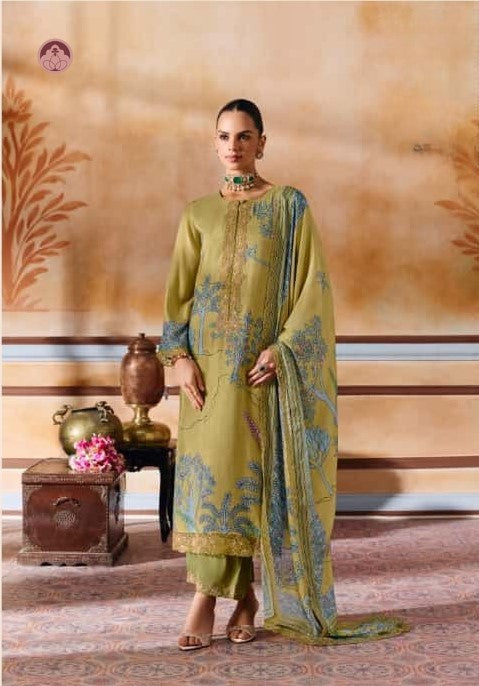 Rumani Light Green Pashmina Suit Set With Appliqué Work With Chinnon Dupatta
