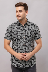 Aaron Black Leaf Print Cotton Men’s Shirt