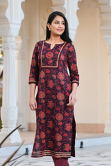 Maroon Gold and Gota work Straight fit Cotton Kurta With Pant Only