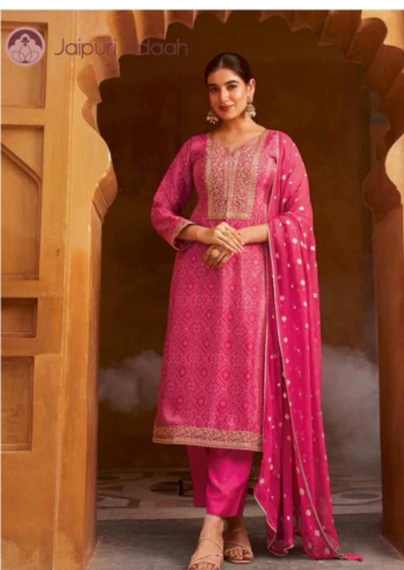 Sawari pink tissue silk embroidered suit set with silk dupatta