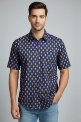 Aaryan Blue Leaf Print Cotton Men’s Shirt