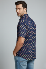 Aaryan Blue Leaf Print Cotton Men’s Shirt