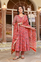 Rashida Red Cotton Anarkali Suit Set