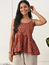 Aabroo Rust Vintage Bloom Cotton Short Kurti