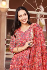 Rashida Red Cotton Anarkali Suit Set
