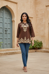 Desert Mocha Traditional Pattern Short Kurti