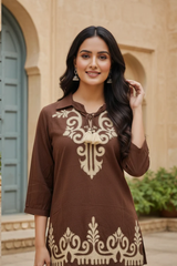Desert Mocha Traditional Pattern Short Kurti