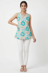 Minimal Aqua Blue Floral Sleeveless Short Kurti