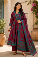 Nazakat Royal Wine Printed Anarkali Cotton Suit Set with Cotton Dupatta