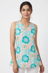 Minimal Aqua Blue Floral Sleeveless Short Kurti
