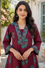 Nazakat Royal Wine Printed Anarkali Cotton Suit Set with Cotton Dupatta