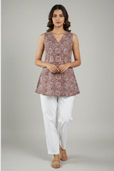 Elegant Maroon Ethnic Print Sleeveless Short Kurti