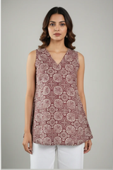 Elegant Maroon Ethnic Print Sleeveless Short Kurti