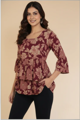 • Gulnaar Maroon Floral Peplum Style Kurti