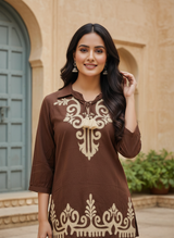 Desert Mocha Traditional Pattern Short Kurti
