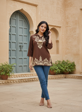 Desert Mocha Traditional Pattern Short Kurti