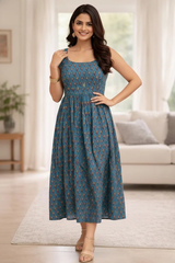 Saanjh Blue Blossom Ethnic Cotton Long Dress